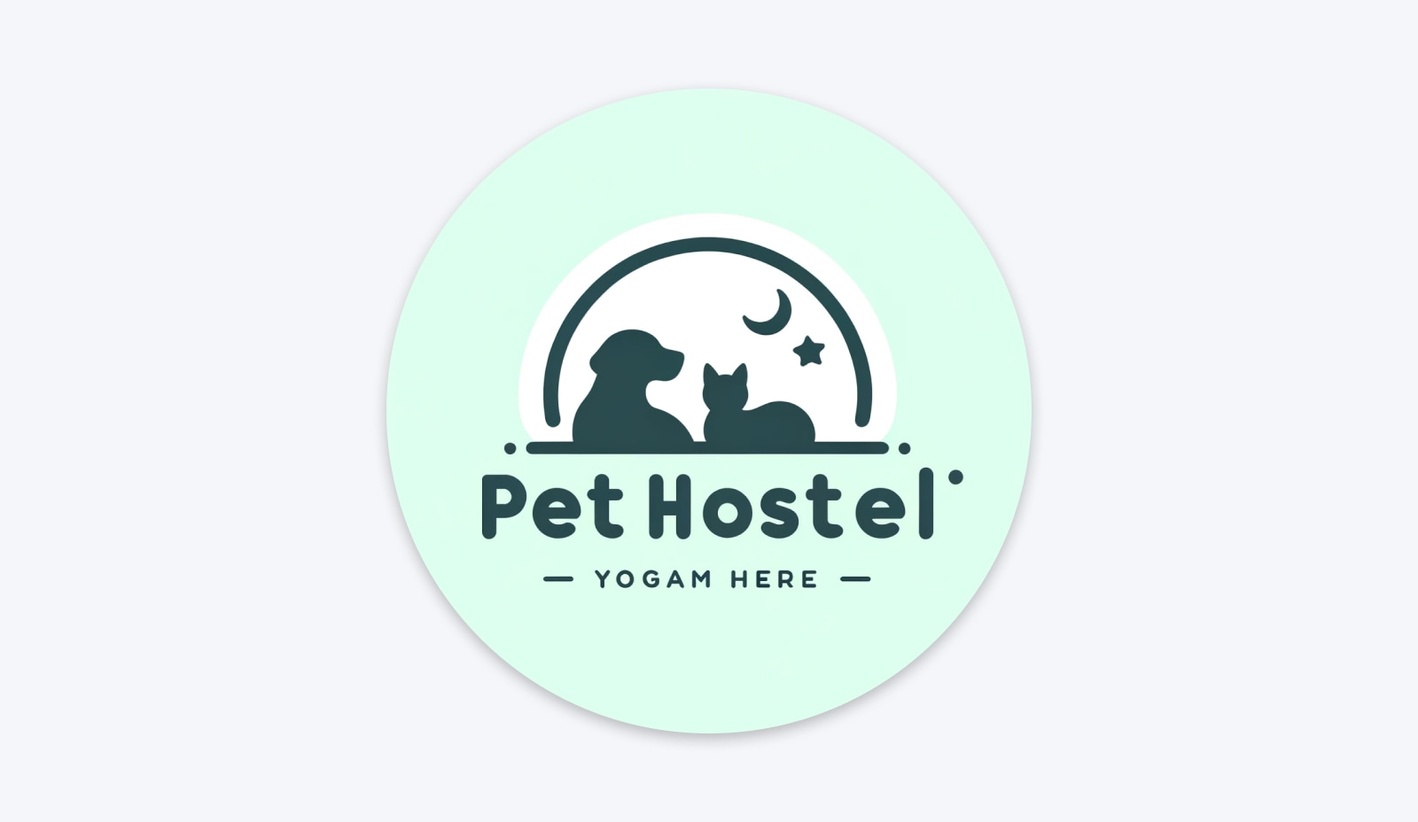 seafoam colored circle with a silhouette image of a dog sitting with a cat looking at a moon and star with "Pet Hostel yogam here" printed on it