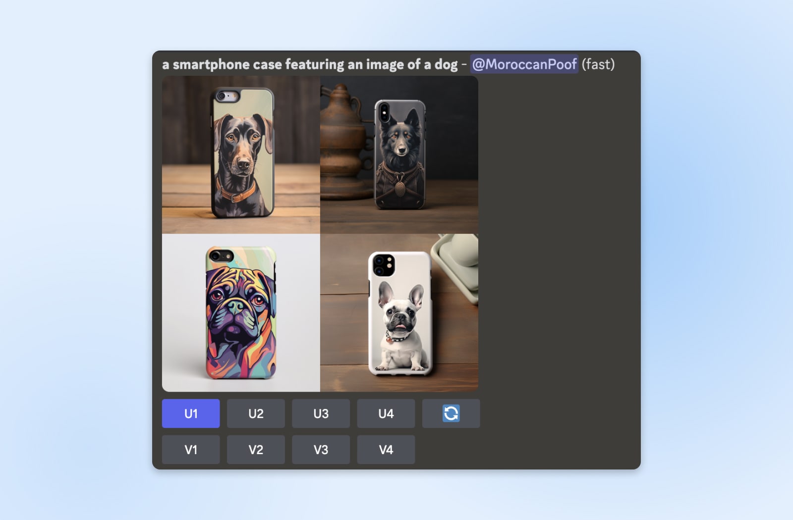 screenshot of four different, each with a phone case three have a photograph of a dog and the fourth has a photographic illustration of a dog 