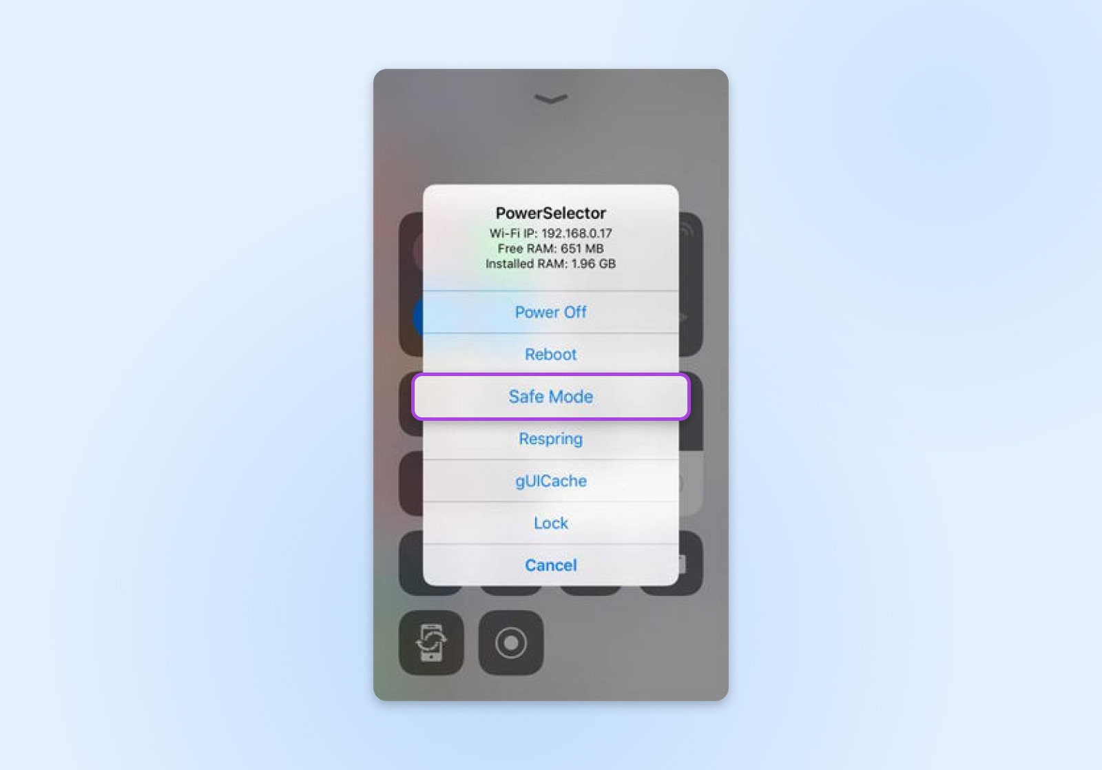 screenshot of a ios mobile phone power selector settings highlighting the safe mode option