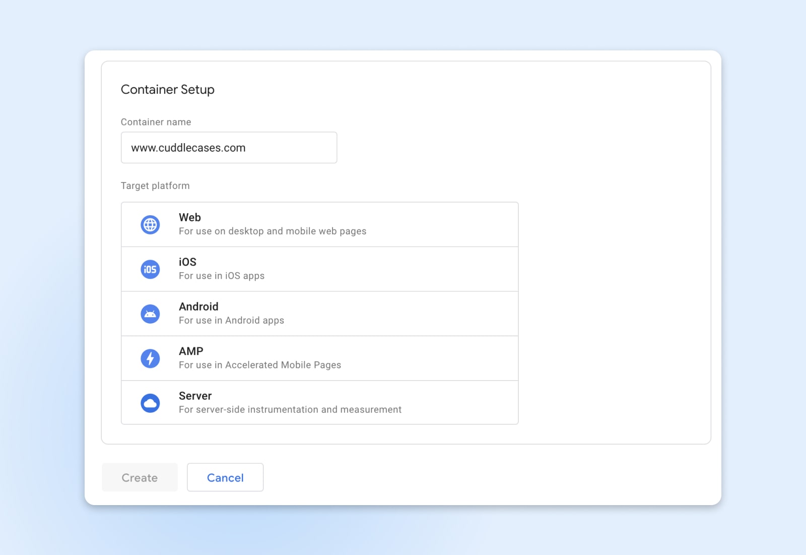 screenshot of the lower half of the account creation screen showing the "container name" field and the "target platform" types