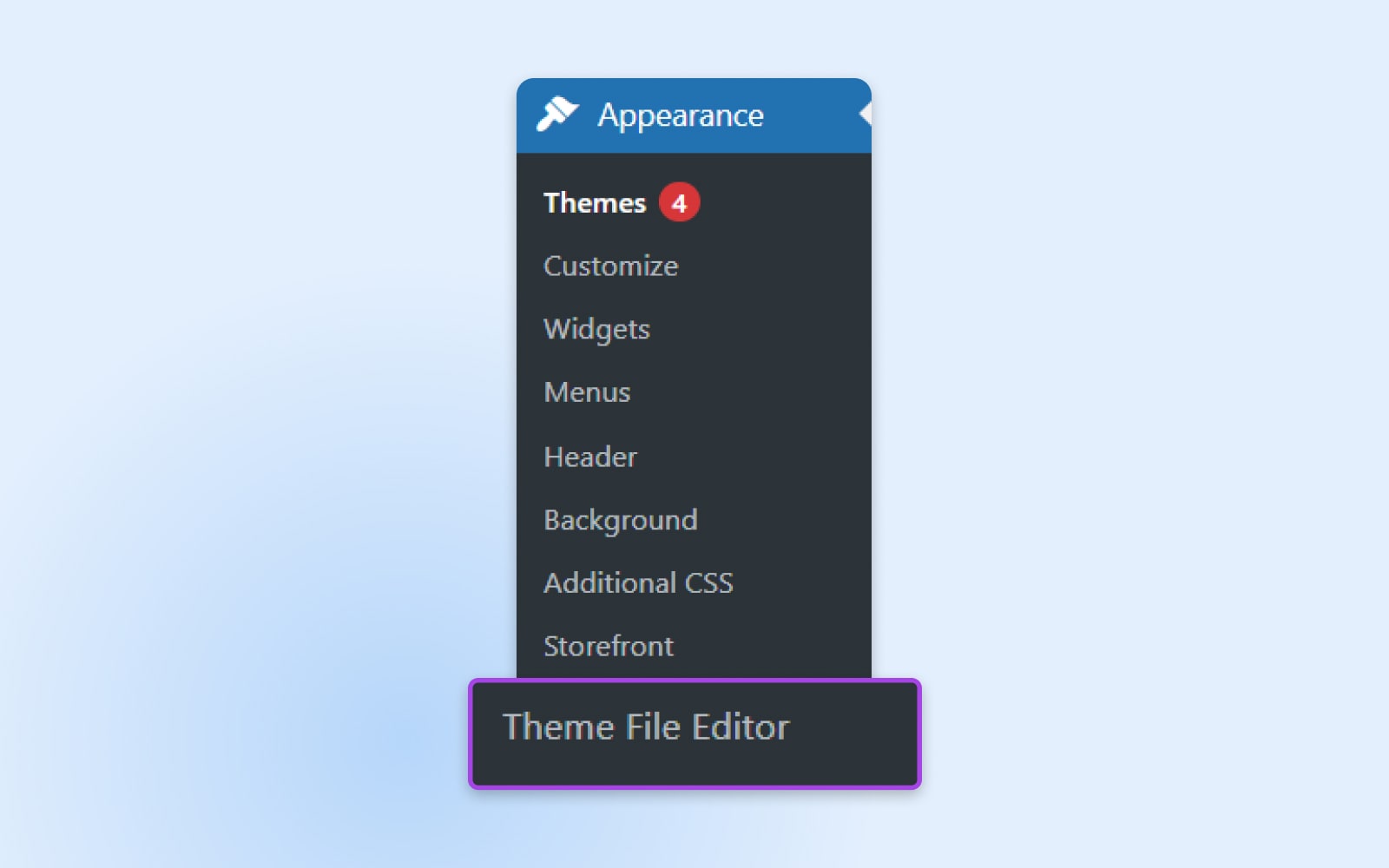 screenshot of the "appearance" drop down menu in WP showing "theme file editor" on the bottom
