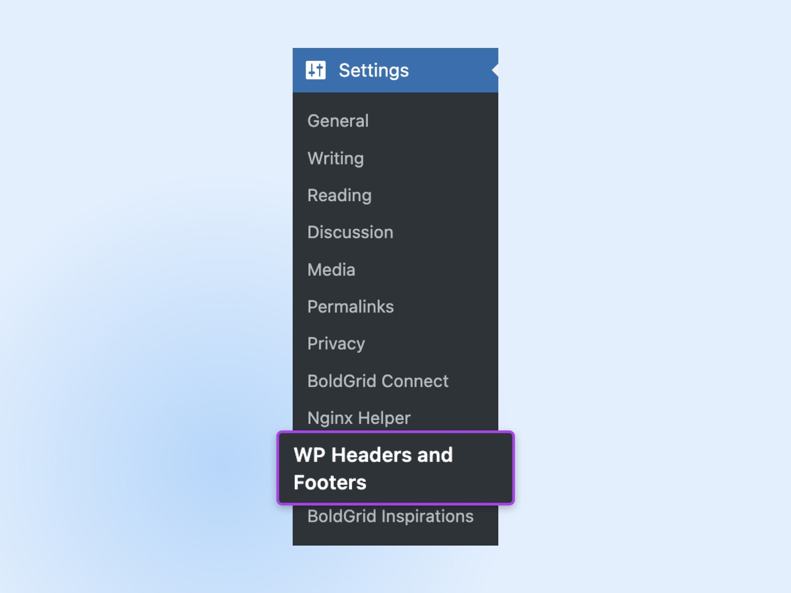 settings dropdown in the WP menu showing "WP headers and footers" towards the bottom