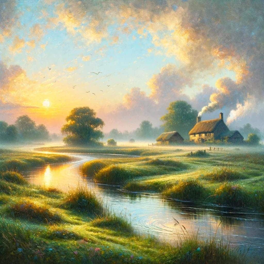 an impressionist painting of a winding creek and lush green grasses, with a farm house in the background, smoke coming out of the chimney and the sun setting