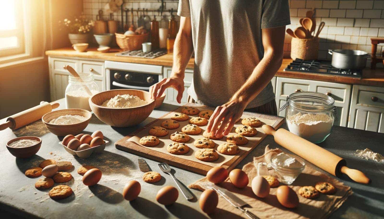 photographic-like image of a kitchen with an island in the foreground covered with baking ingredients, utensils, and bowls, and a chest-down view of a person touching a cutting board full of chocolate chip cookies