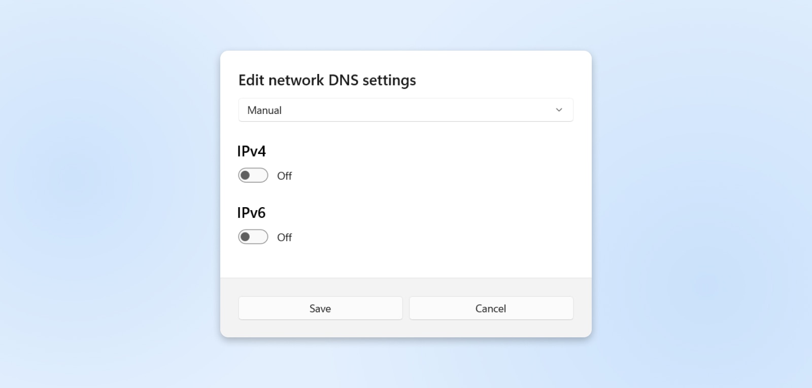 screenshot of windows DNS settings options to toggle IPv4 and IPv6 on and off 