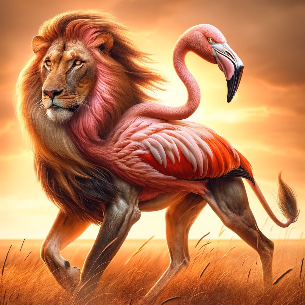 DALL-E generated image of a lion's face and body, mane blowing in the wind, with a flamingo as the lion's body and back facing the opposite direction