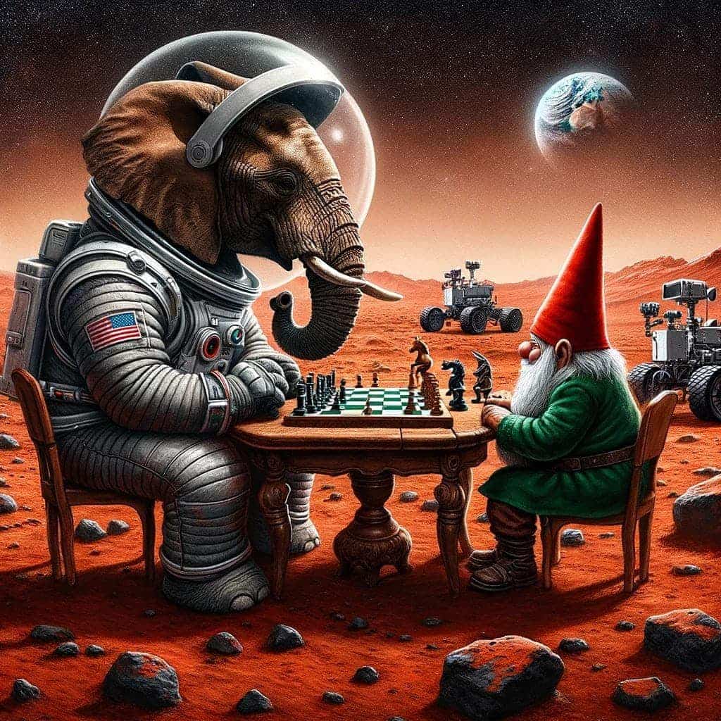 red and rocky mars floor with earth in the background. an elephant wearing an astronaut costume is sitting in a wooden chair across the table from a gnome playing chess