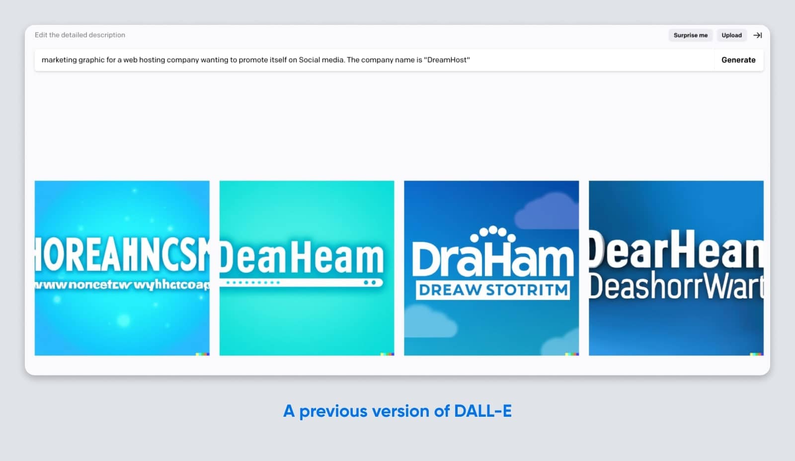 a DALL-E screenshot showing four outputs with misspelled logos: Horeahncsm, DeanHeam, DraHam, and DearHean