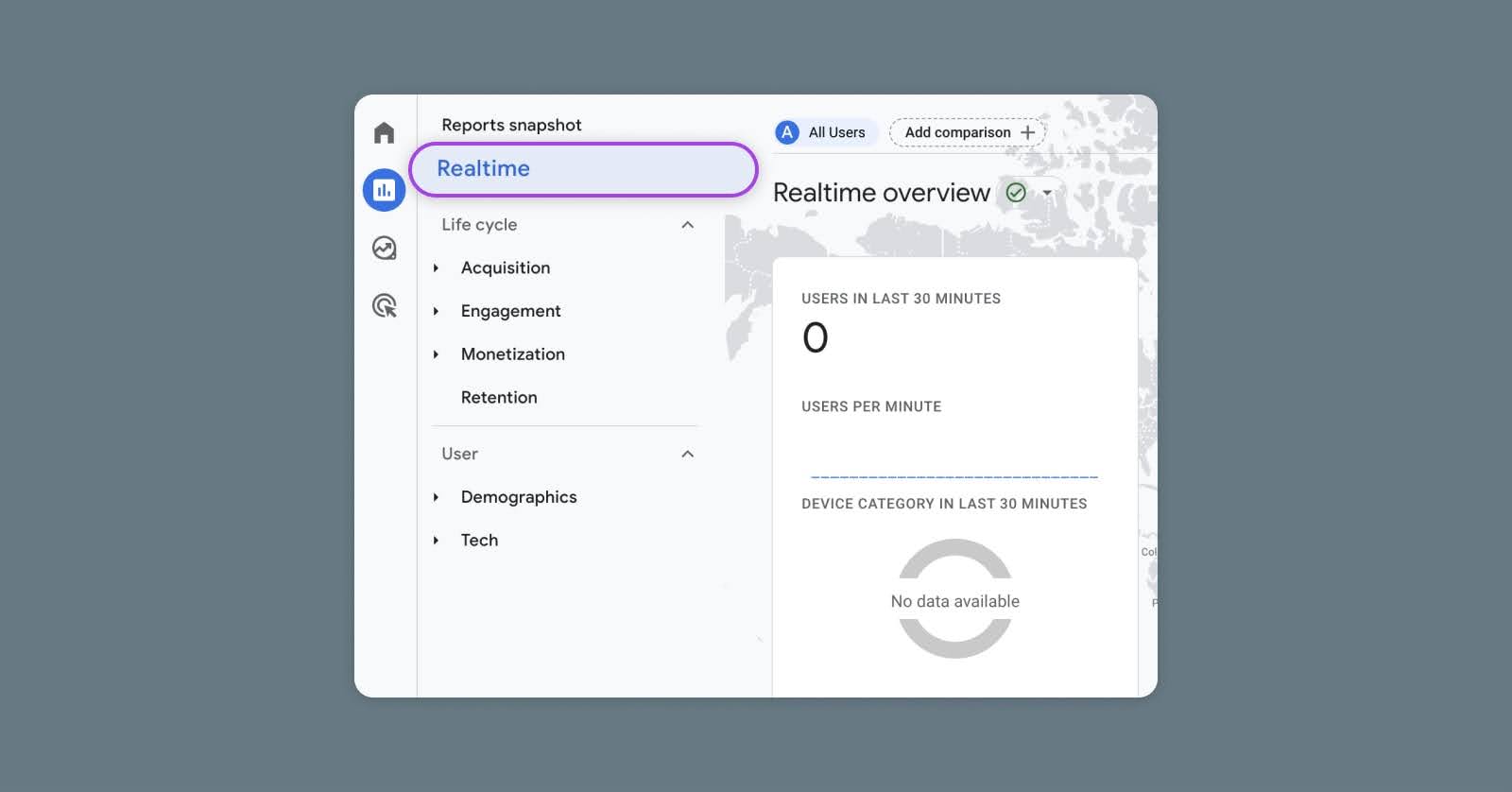screenshot of the "Realtime" GA report right under "Reports snapshop" in the menu