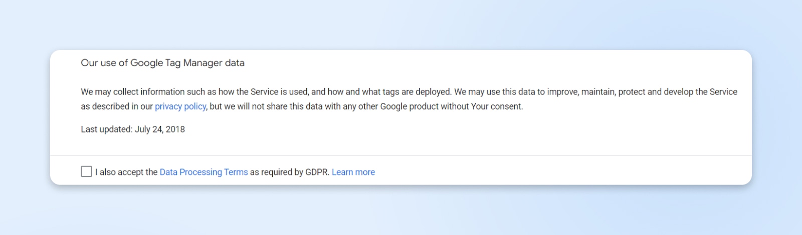 screenshot of the bottom of the google tag agreement 