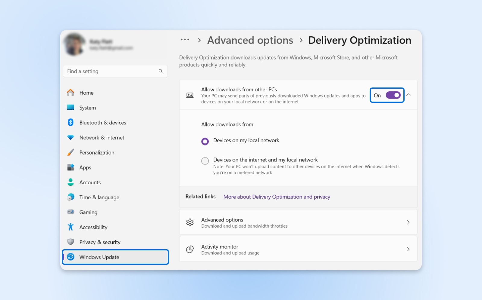 screenshot of the windows delivery optimization settings screen found under windows update where you can toggle allow downloads from other PCs on and off