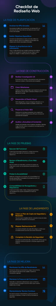 Infografía vertical que describe cinco fases del proceso de rediseño de un sitio web, desde la planificación y construcción hasta las pruebas, el lanzamiento y la mejora continua.
