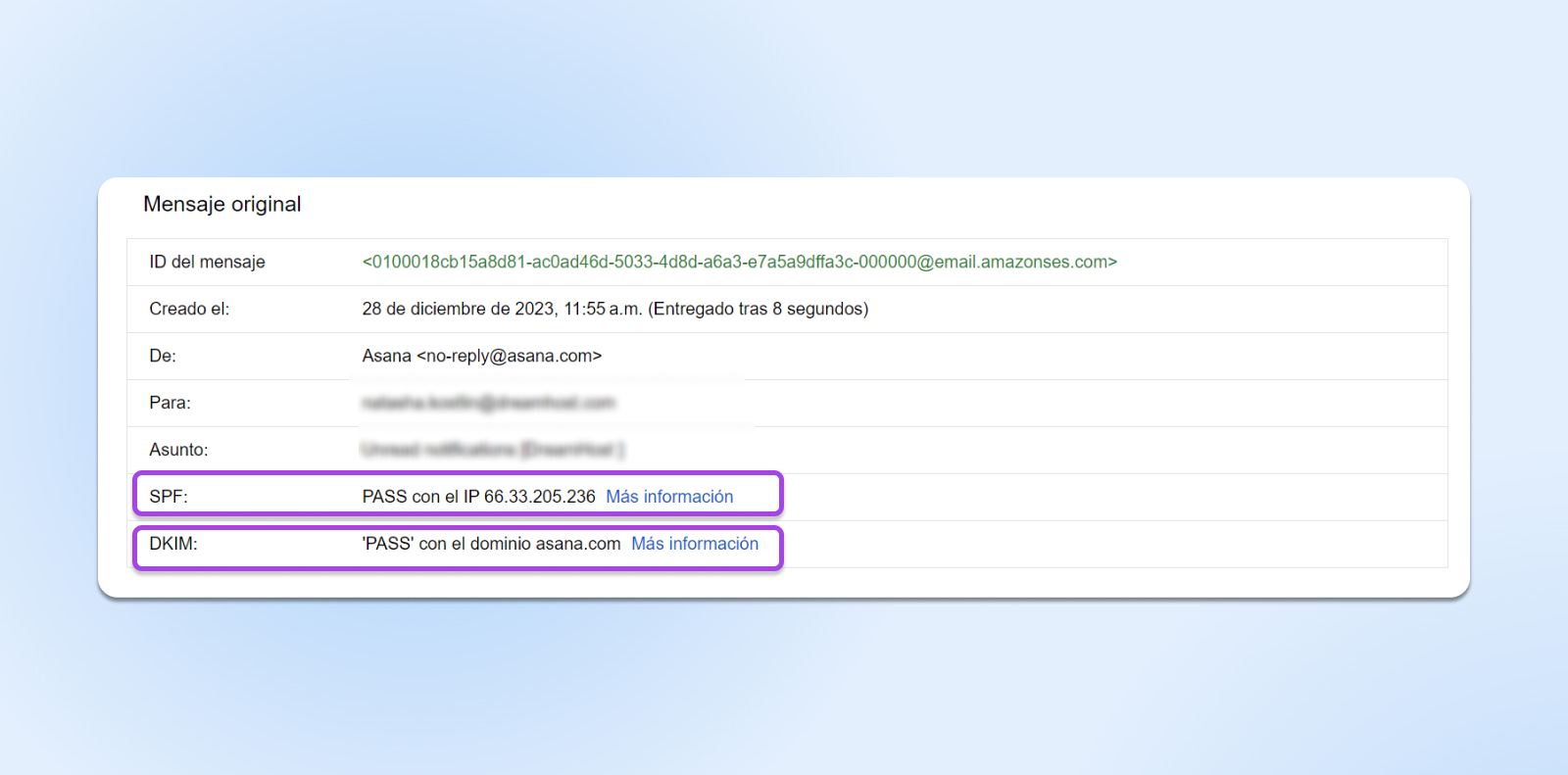 Vista de autenticación de un mensaje de correo