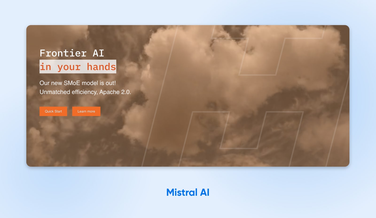 screenshot of frontier AI's homepage with buttons for "quick start" and "learn more" on a backdrop of clouds and sky