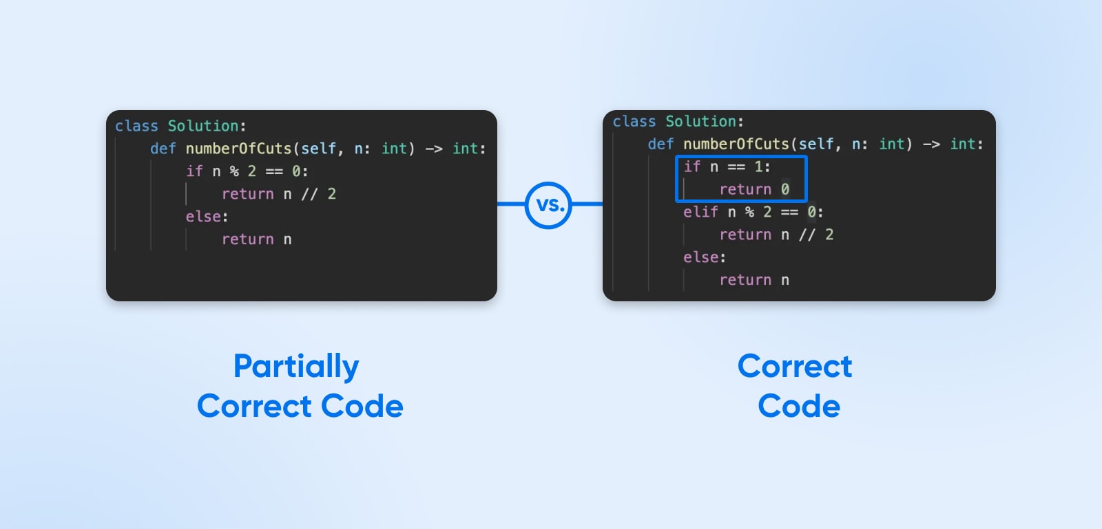 partially correct code vs correct code with code snippet boxes highlighting how ChatGTP fixed the first line of code by outputting a correct statement