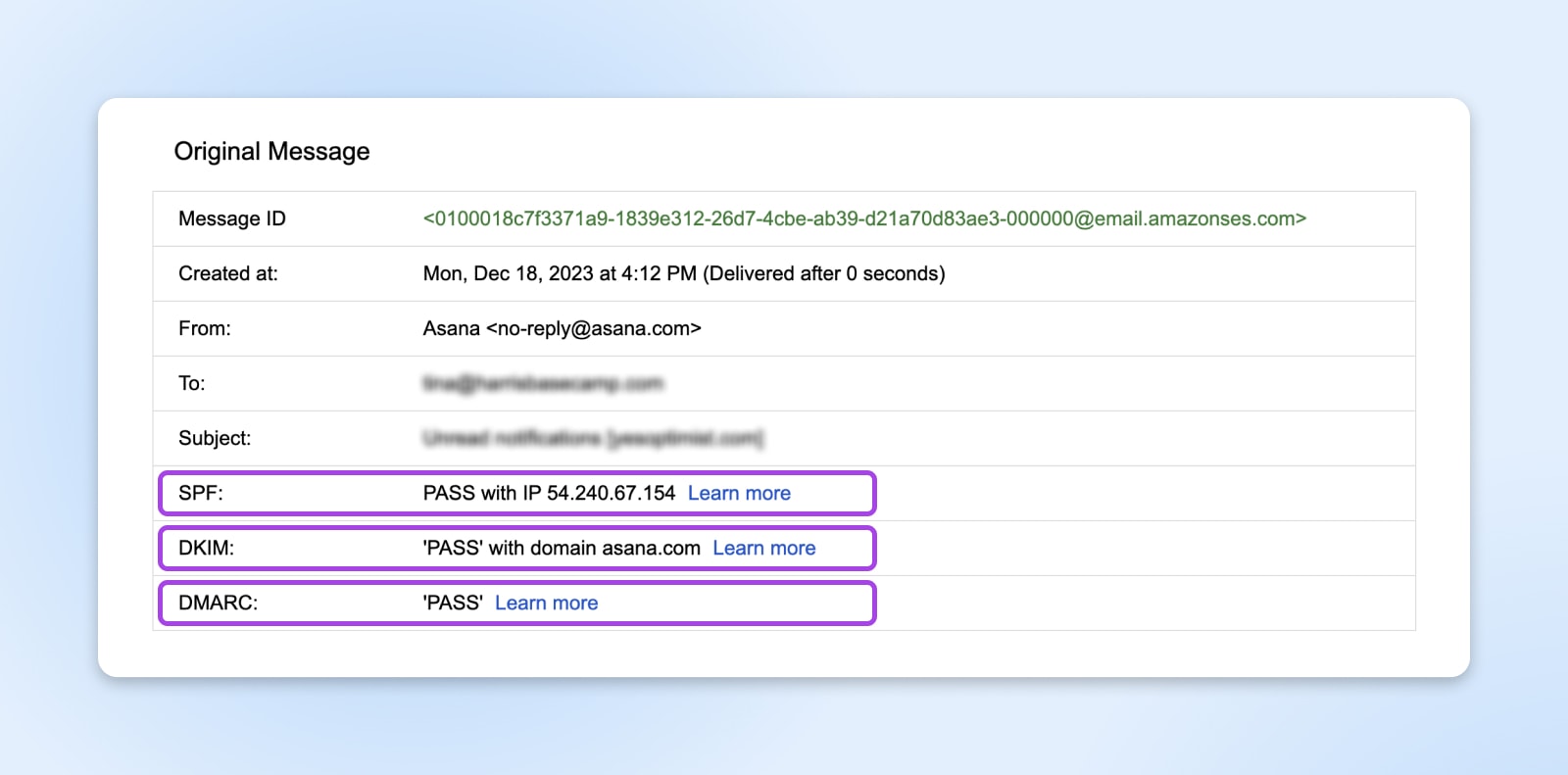 original message options showing the SPF, DKIM, DMARC options located at the very bottom 