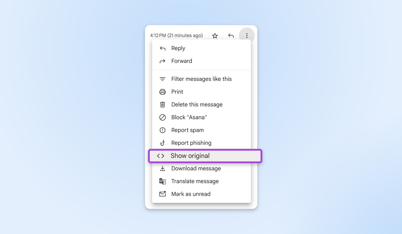 screenshot of message settings from the three dogs in the upper righthand corner of a message highlighting where to find the "Show original" option. 