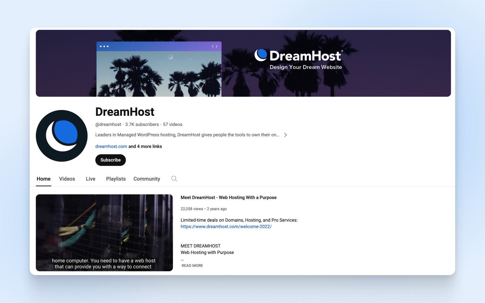 página inicial del canal de youtube de DreamHost