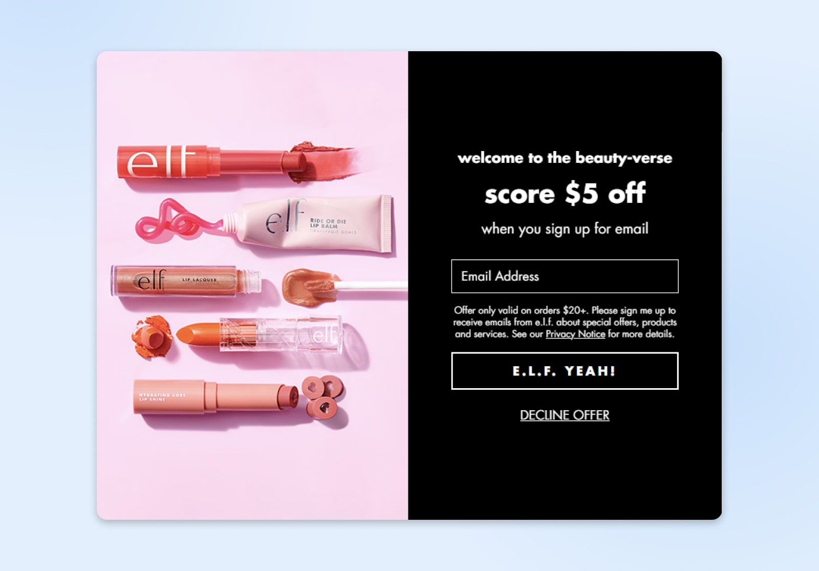 example of a pop up when you shop on e.l.f. offering $5 off a purchase when you sign up 