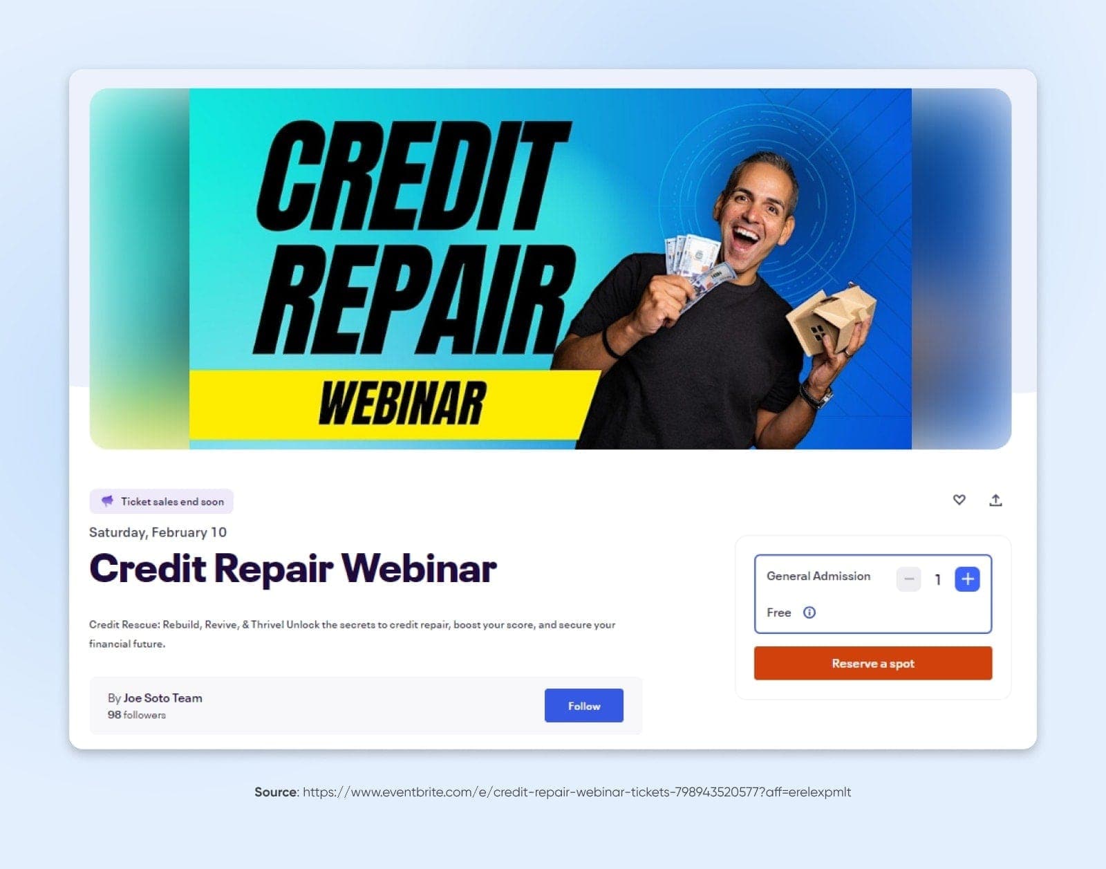 screenshot of a credit repair webinar that is free with a follow button 