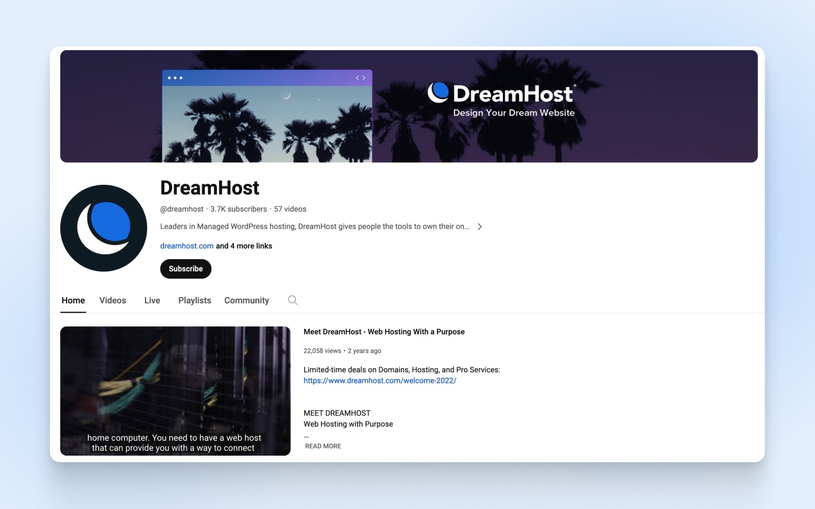 screenshot of the DreamHost youtube homepage with matching DreamHost logos in two places