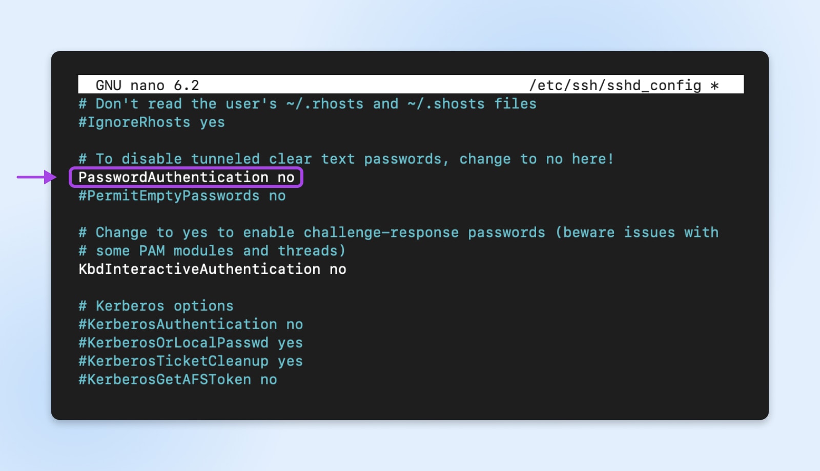 Screenshot of a PasswordAuthentication no script line on LInux