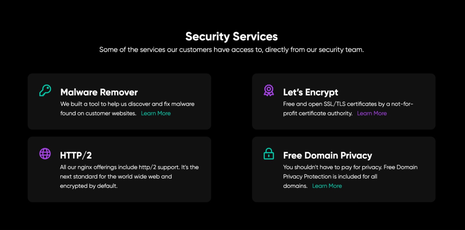 security services available direct from our security team: malware remover, let's encrypt, HTTP/2, free domain privacy