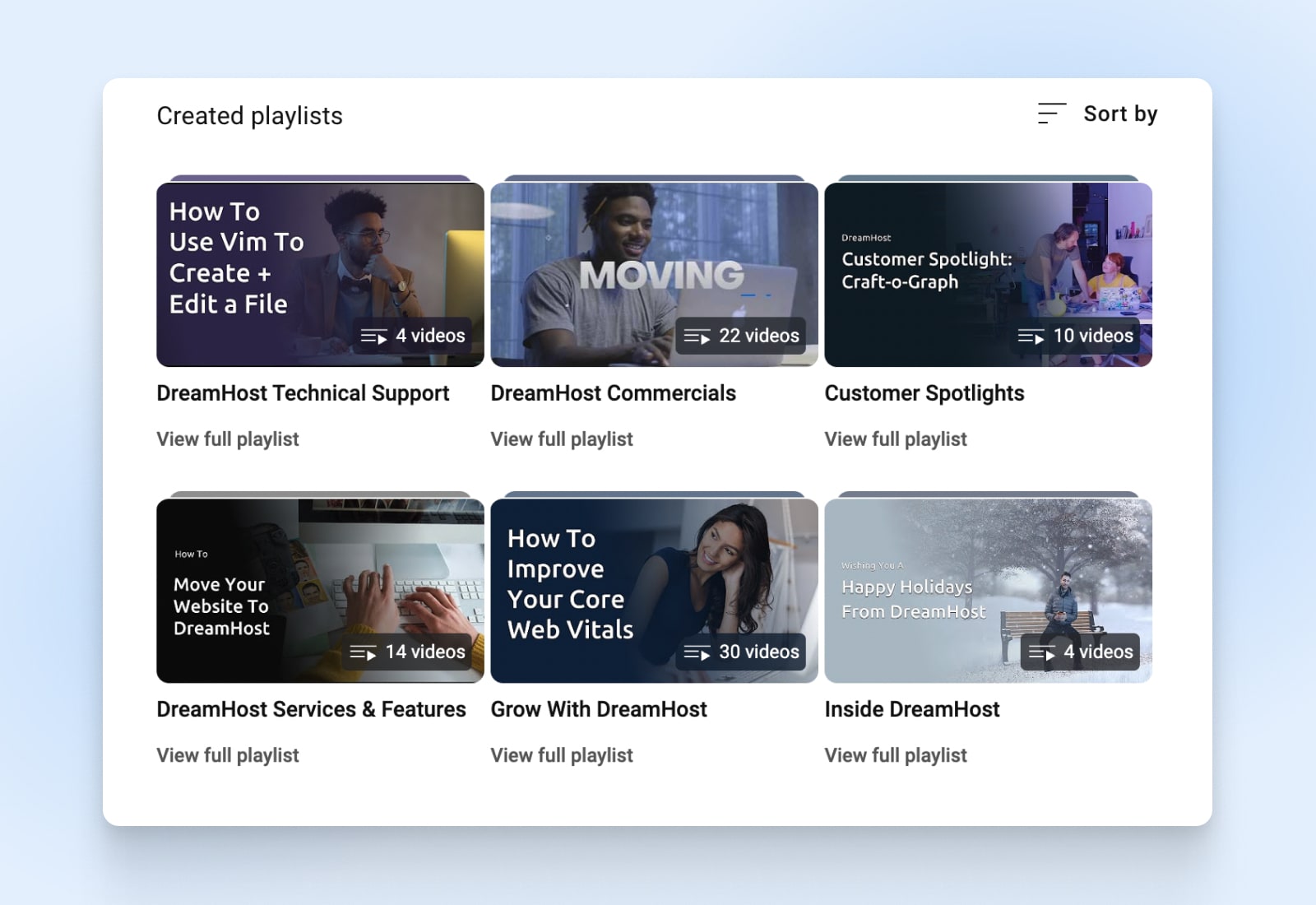 screenshot of created playlists from DreamHost including: DreamHost service and features and grow with DreamHost