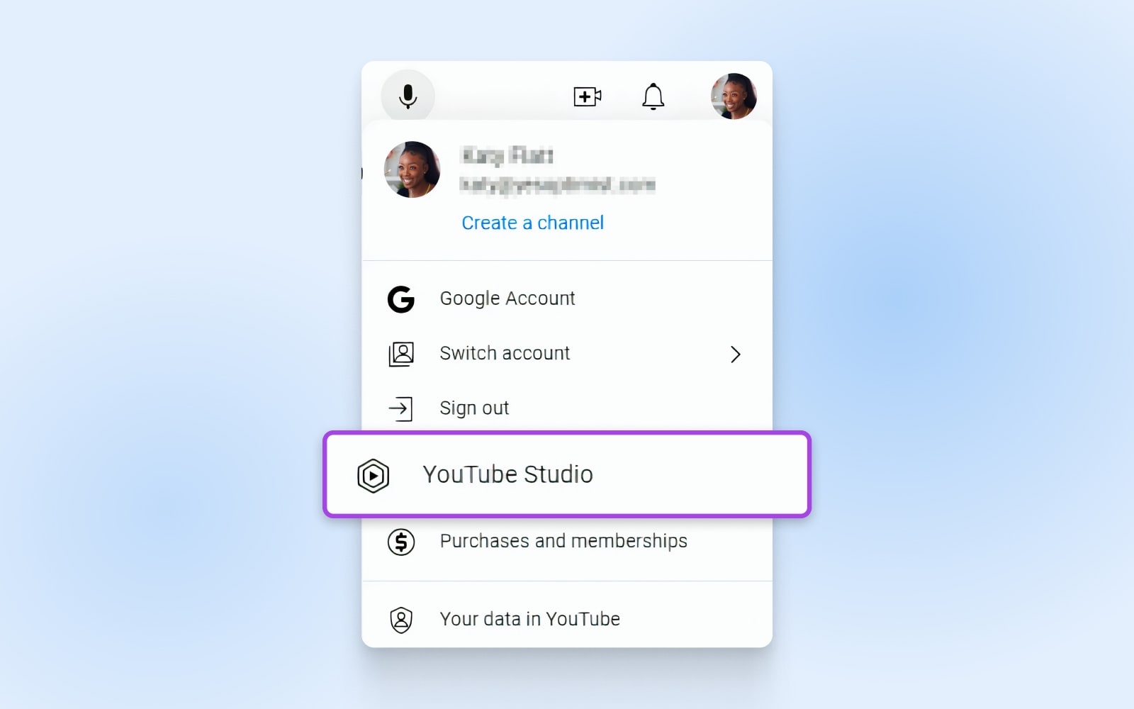 screenshot of the drop-down from clicking your profile picture showing where to find YouTube studio