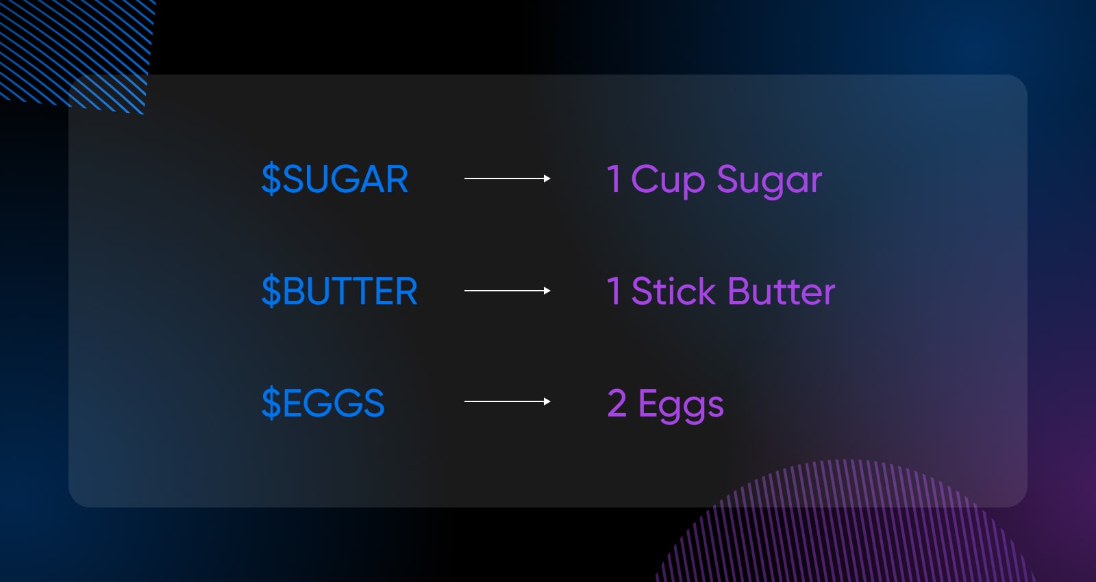 example of environment variables showing an example of a dynamic value like $SUGAR and what that valuable equals: 1 cup sugar