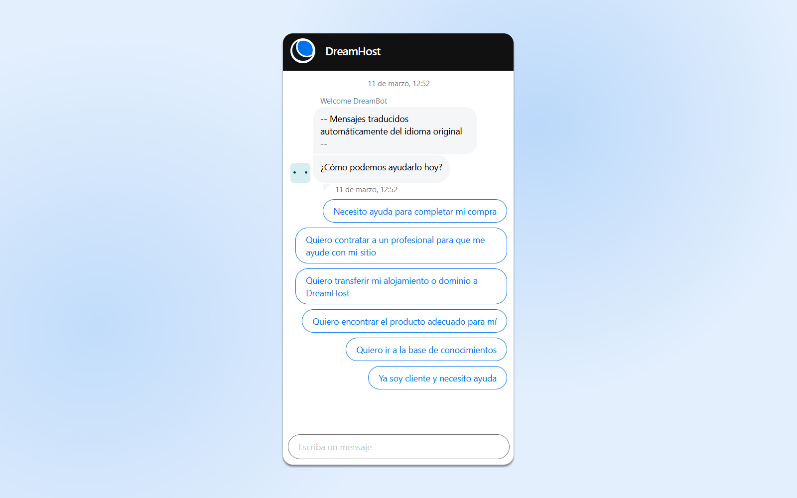 Chatbot implementado en el sitio web de DreamHost