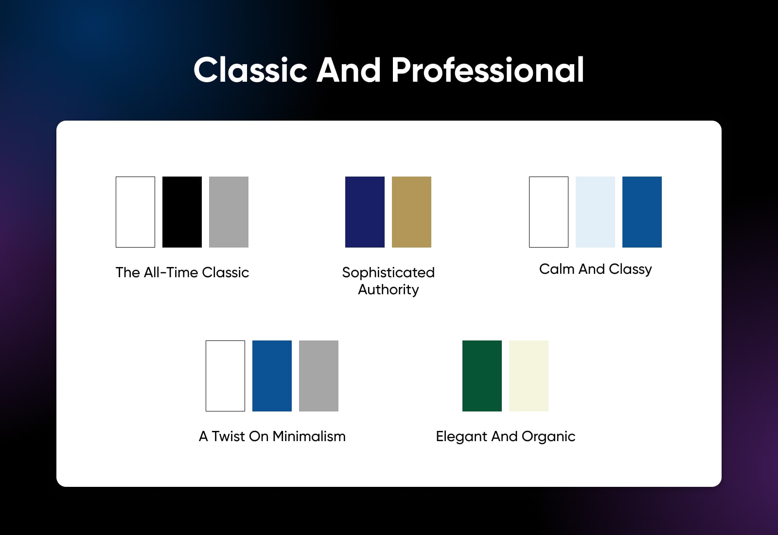 color swatches of classic and professional choices like a white/blue/grey combo