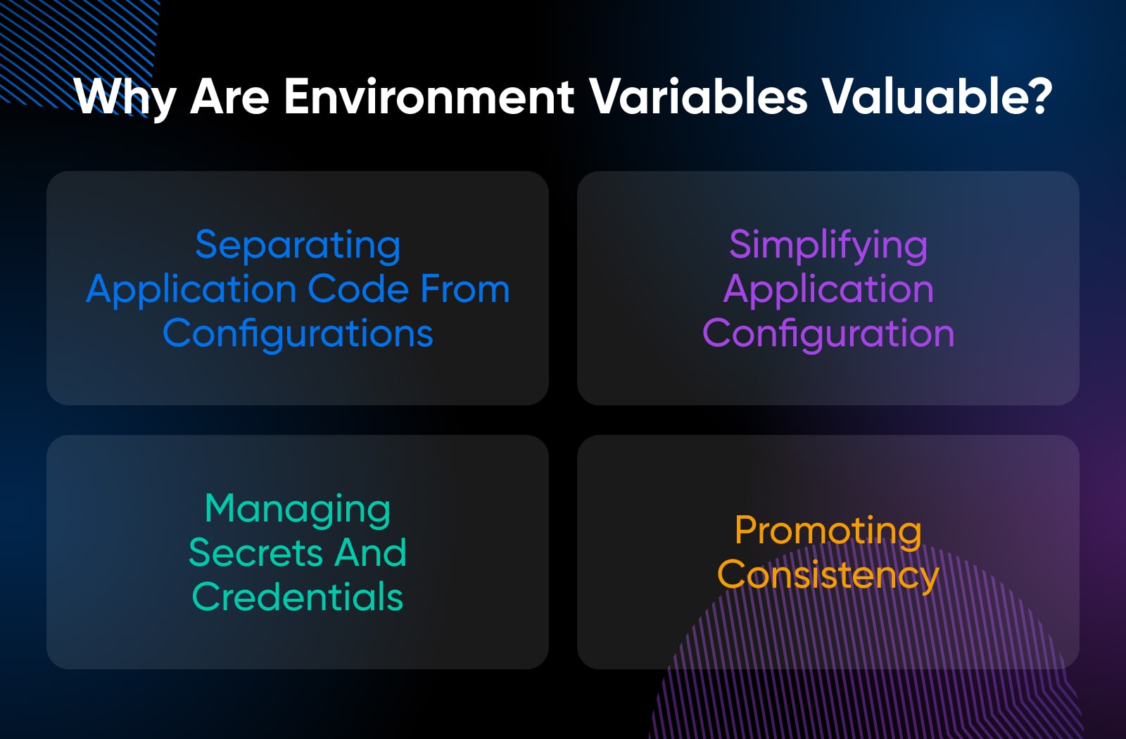 environment variables are valuable to separate application code from configurations, simplify application configuration, manage secrets and credentials, and promote consistenc