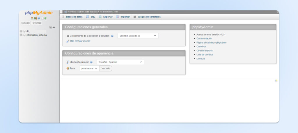Interfaz inicial de phpMyAdmin