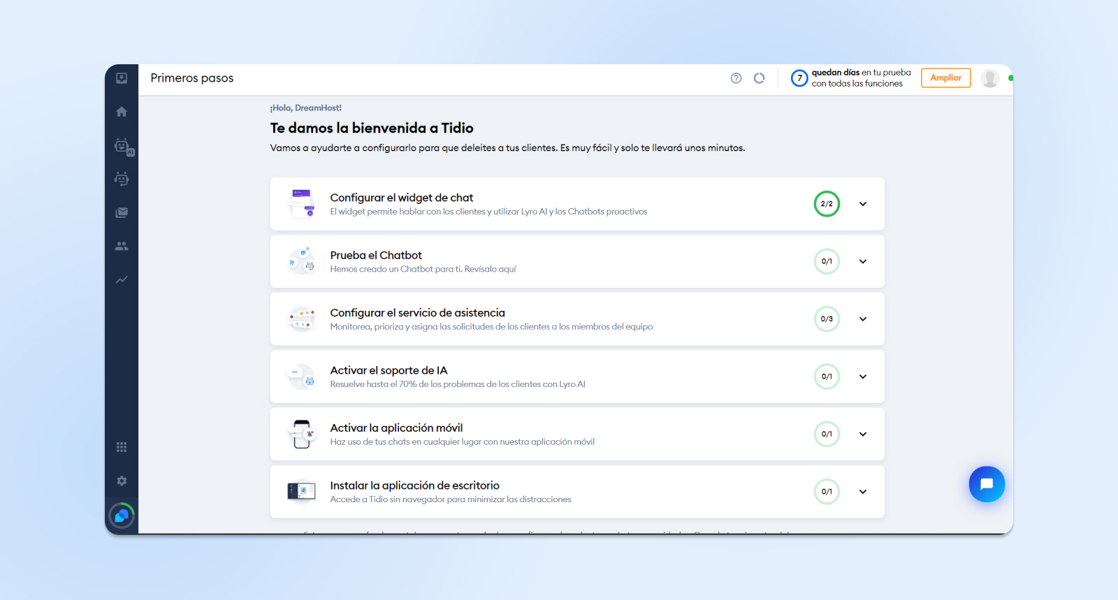 Asistente de configuración, primeros pasos Tidio