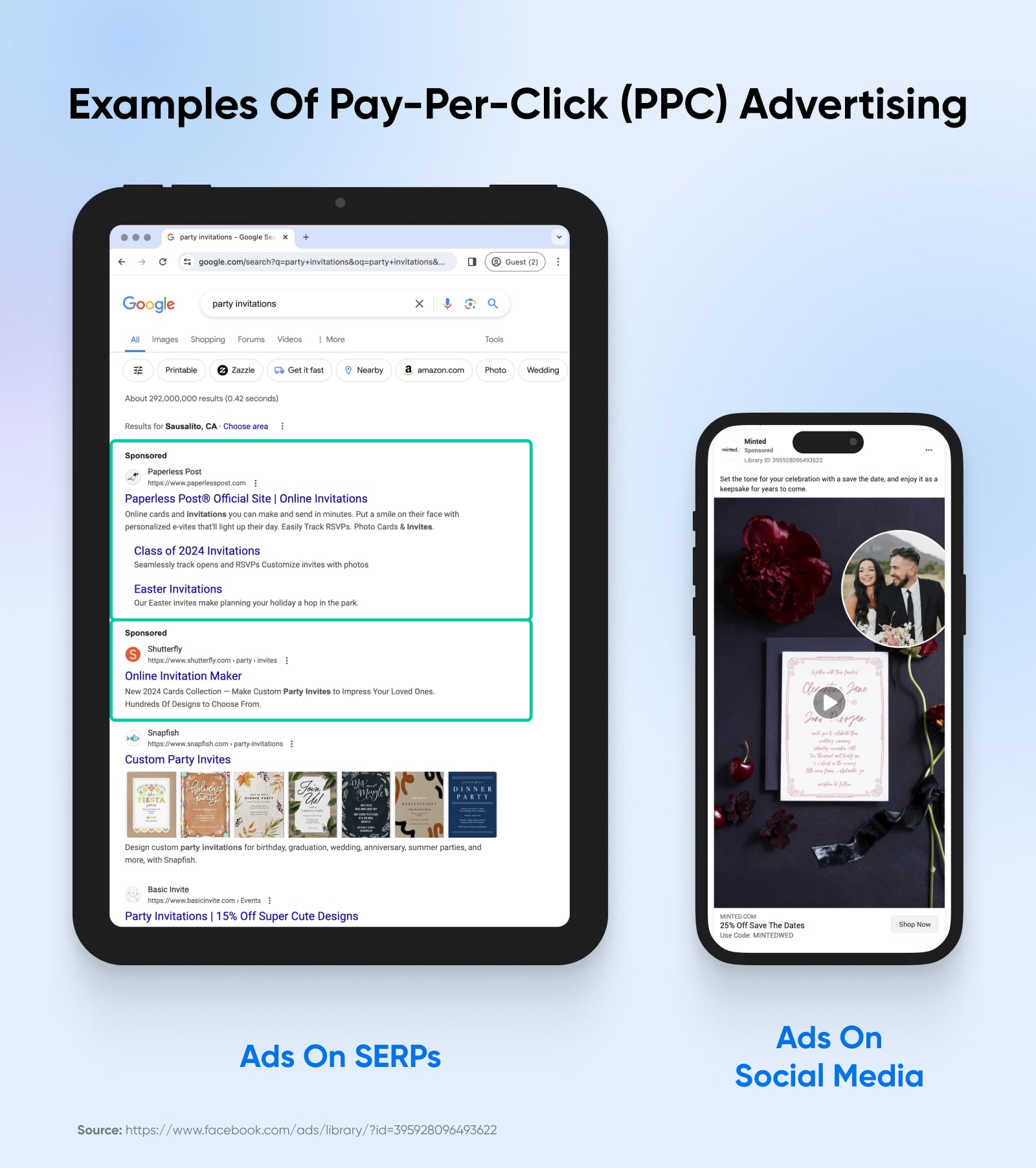 Against a blue background, an iPad shows examples of ads on SERPs and a phone shows examples of ads on social media