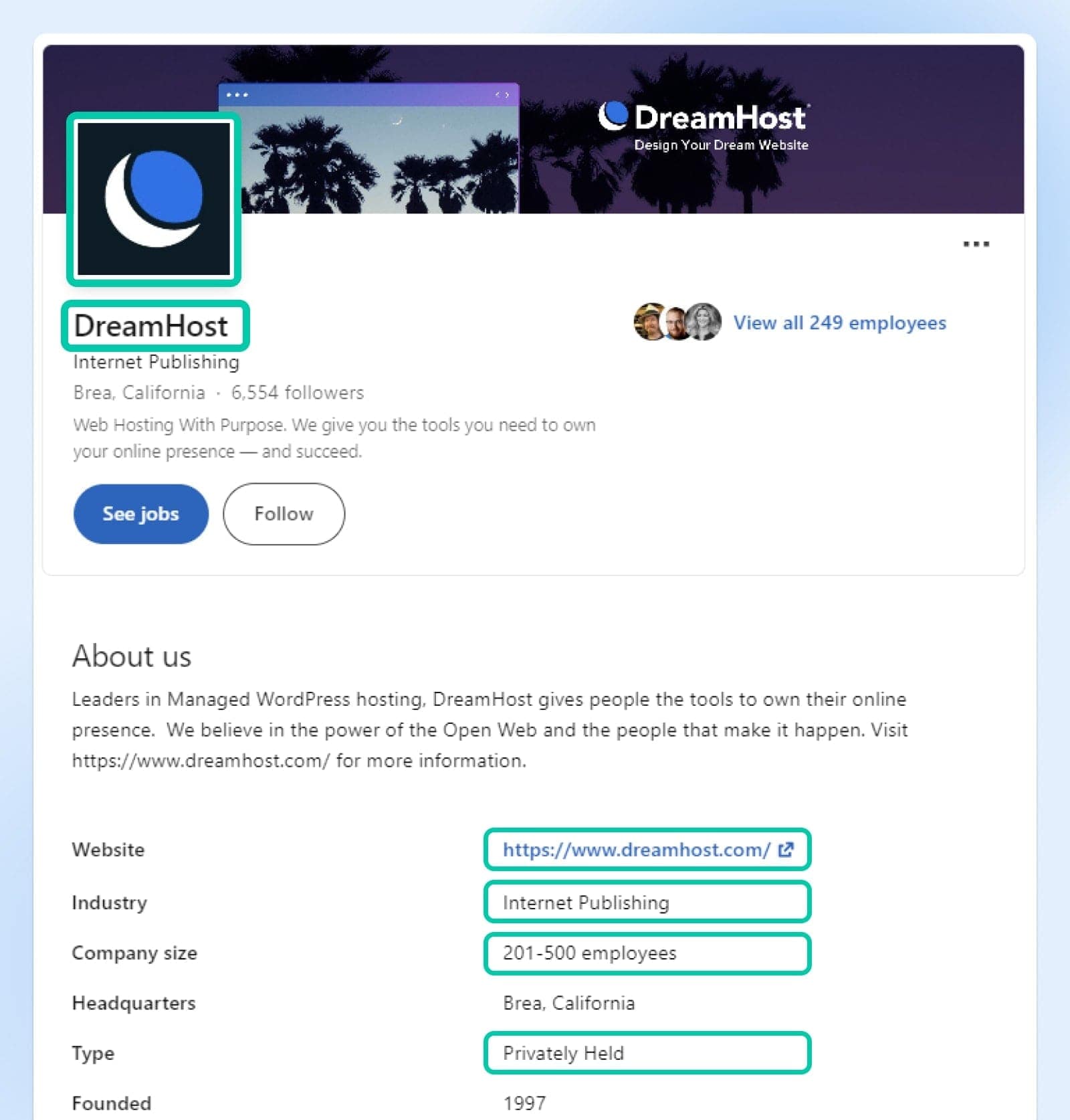 screenshot of DreamHost's company with homepage URL, internet publishing, 201-500 for employees, and privately held for type