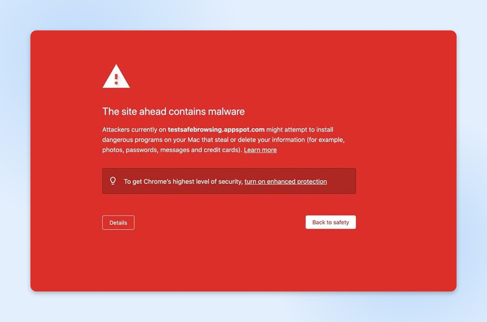 A red pop-up window shows the warning "The site ahead contains malware"