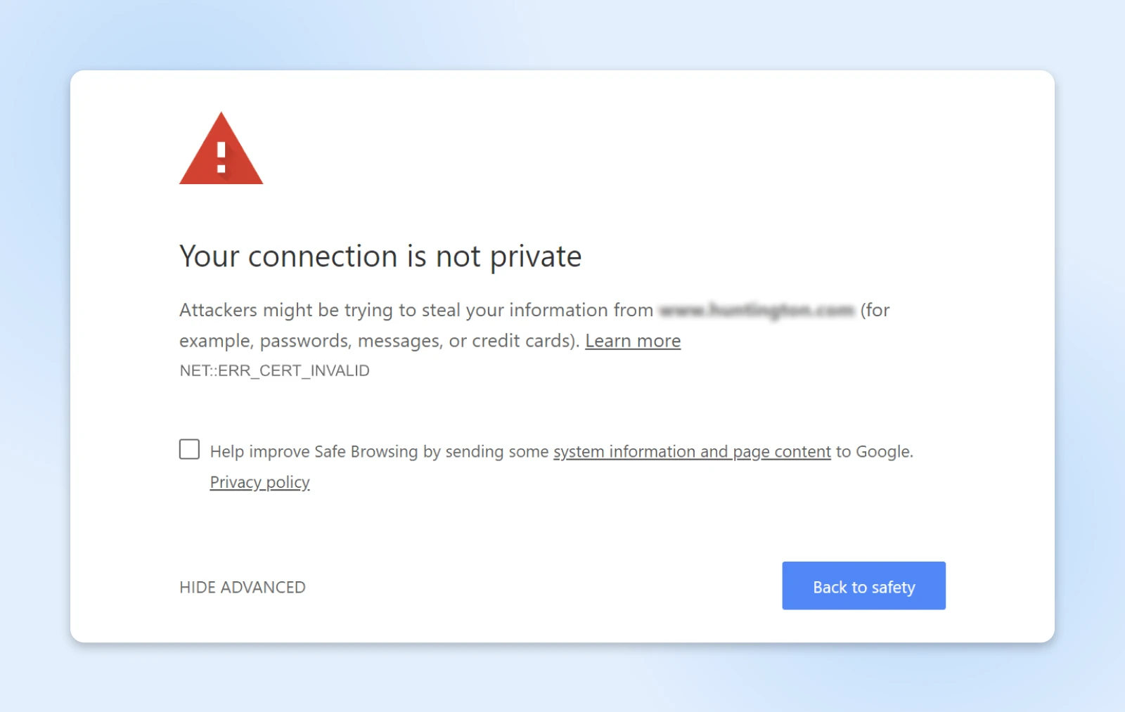 Your connection is not private error as shows on Chrome 