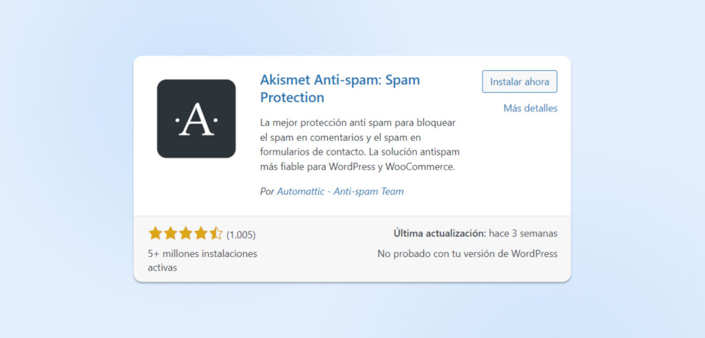 Cuadro de diálogo "Akismet Anti-spam: Protección contra spam".