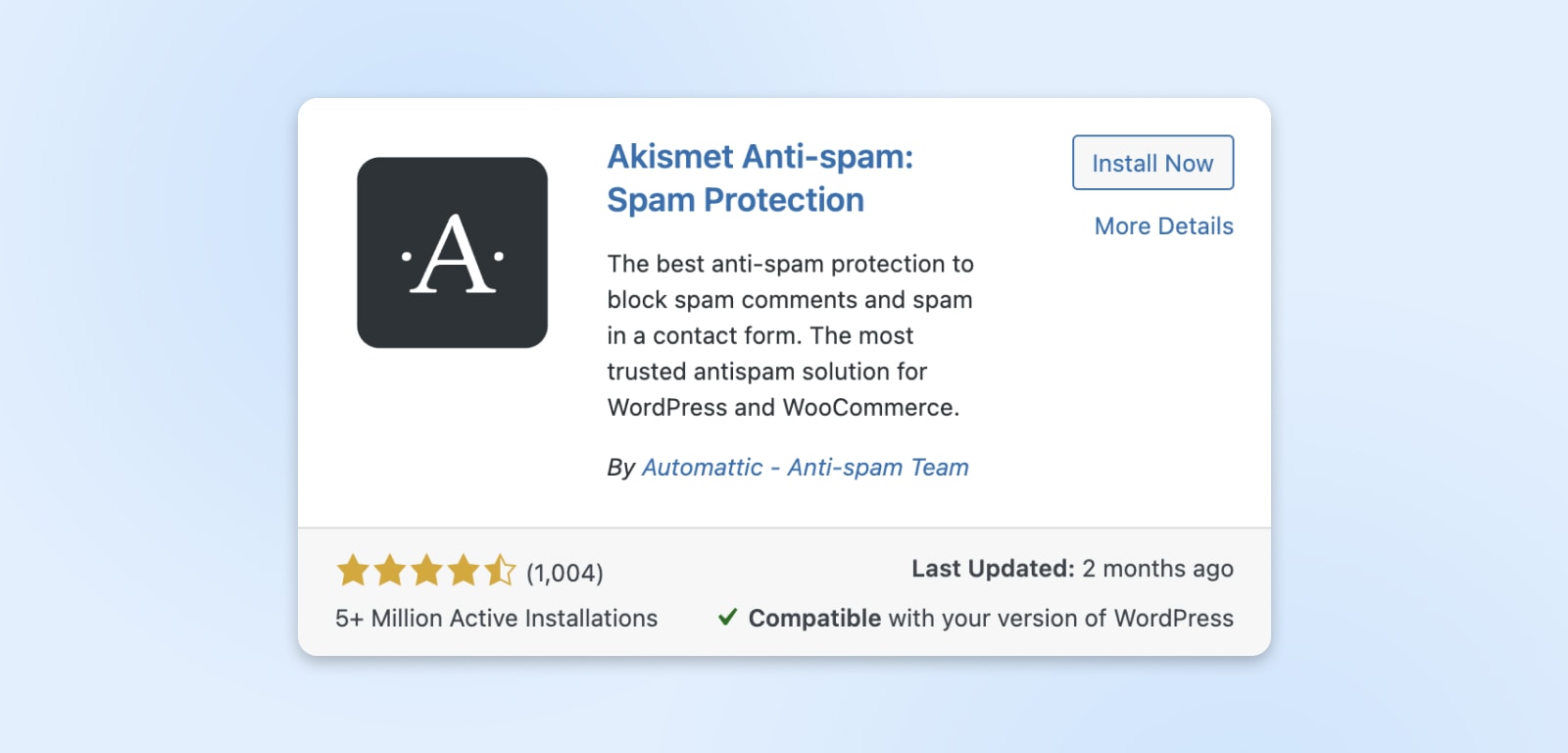 "Akismet Anti-spam: Spam Protection" dialog box. 