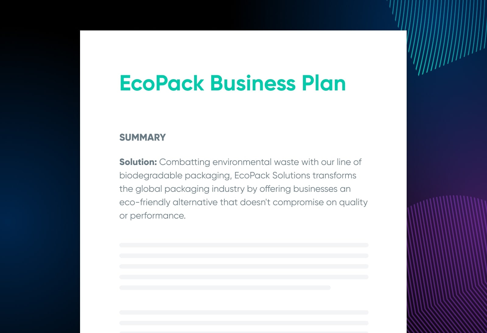 Mock-up of an "EcoPack Business Plan" with a "SUMMARY" heading and "Solution" section.