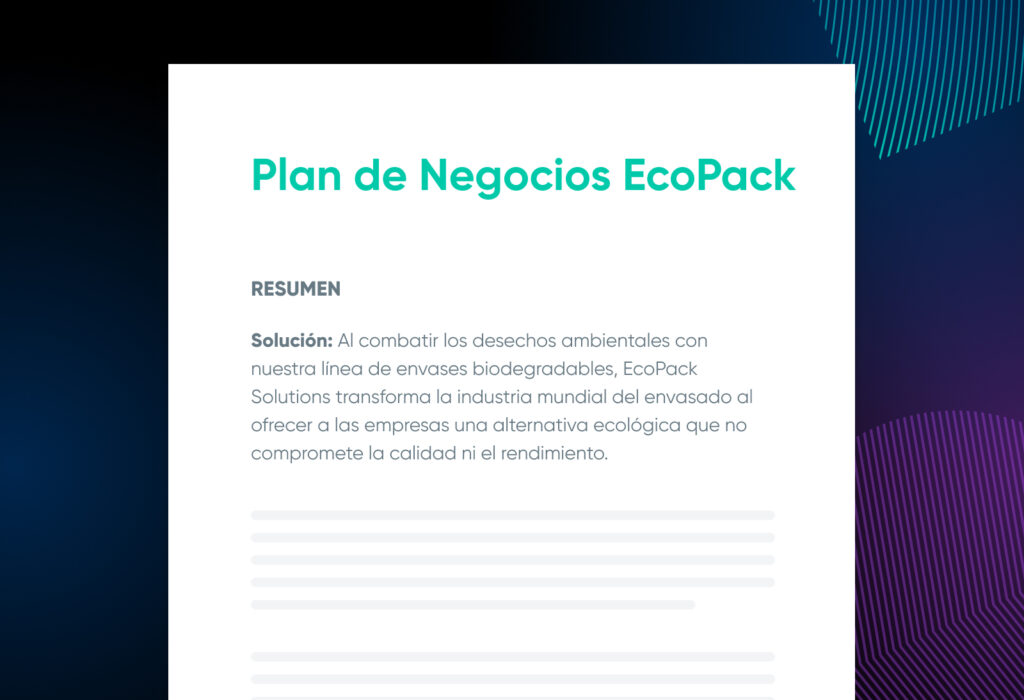 Maqueta de un "Plan de negocios EcoPack" con un título "RESUMEN" y una sección "Solución".