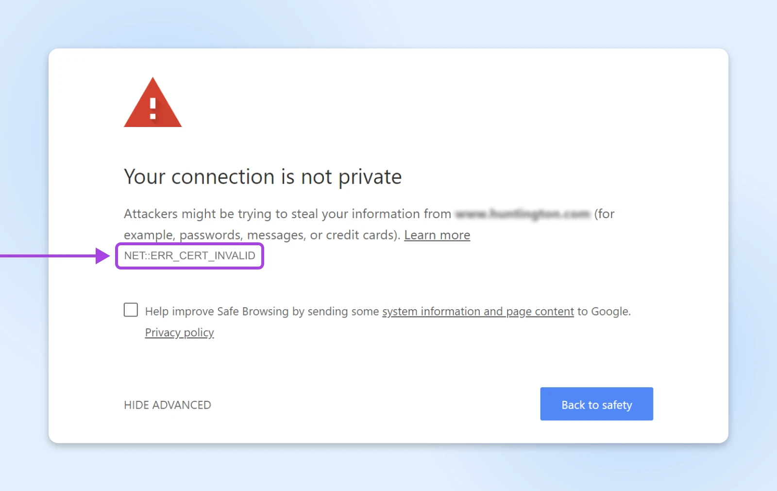 The same "Your connection is not private" screen calling out where to find the "NET::ERR_CERT_INVALID" note 