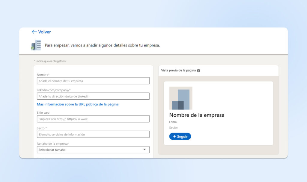 Página de empresa en linkedIn configurada con cuadros de texto para los menús desplegables de nombre, sitio web, industria, tamaño de la empresa y tipo de empresa.