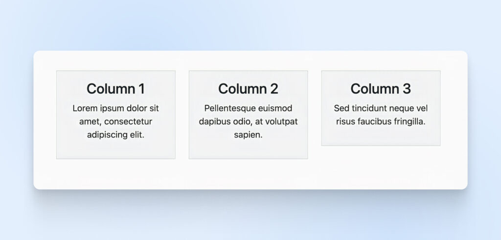 Aparecen tres columnas con texto Lorem ipsum sobre un fondo azul claro.