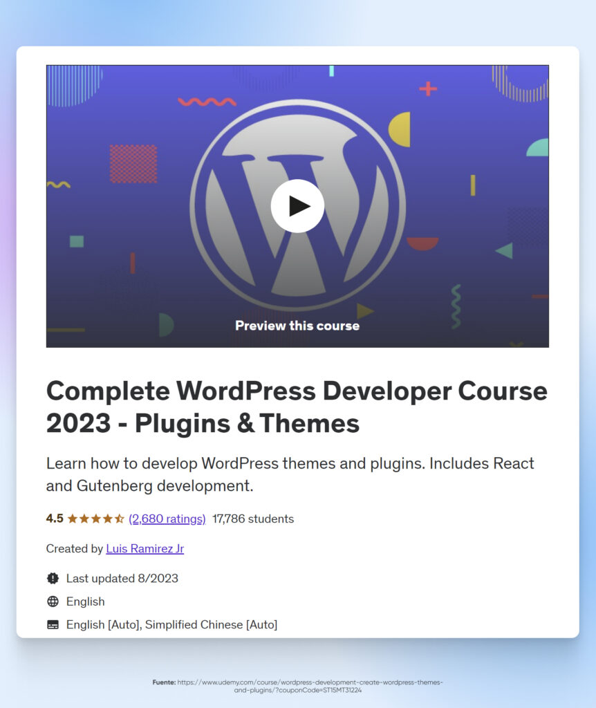 captura de pantalla del curso para desarrolladores de WP en Udemy