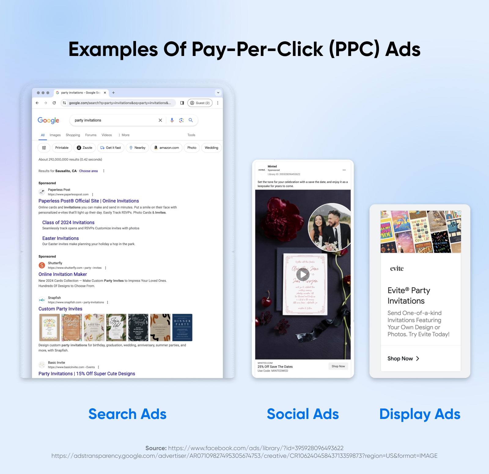 Examples of search ads, social ads, and display ads appear side-by-side on different devices. 
