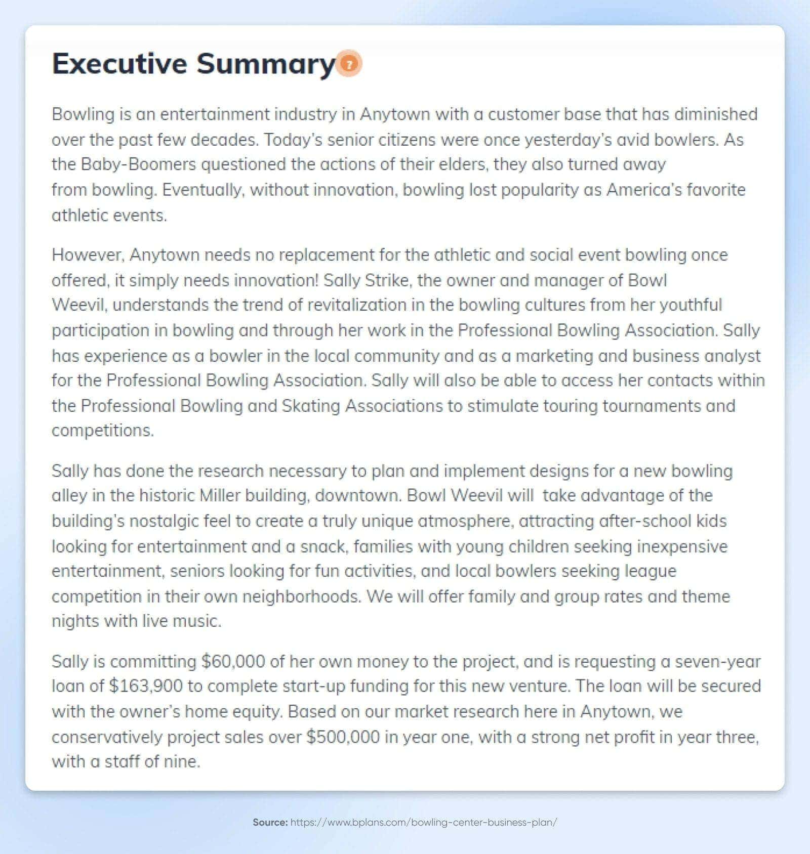 White page set on a blue gradient background for an Executive Summary document.