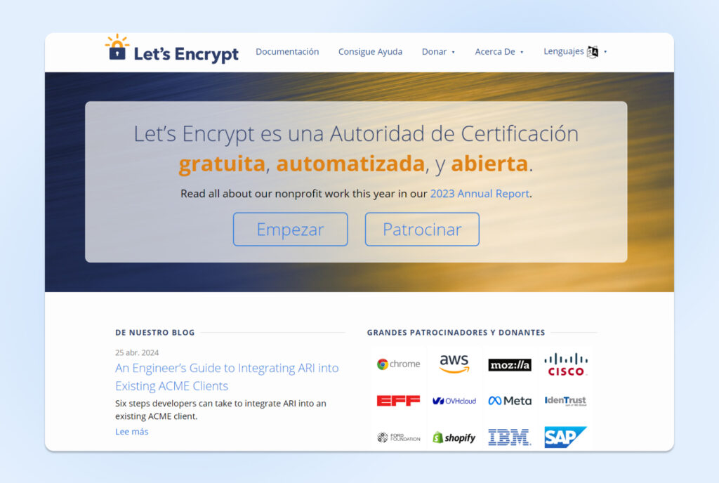 Let's Encrypt captura de pantalla de la página de inicio